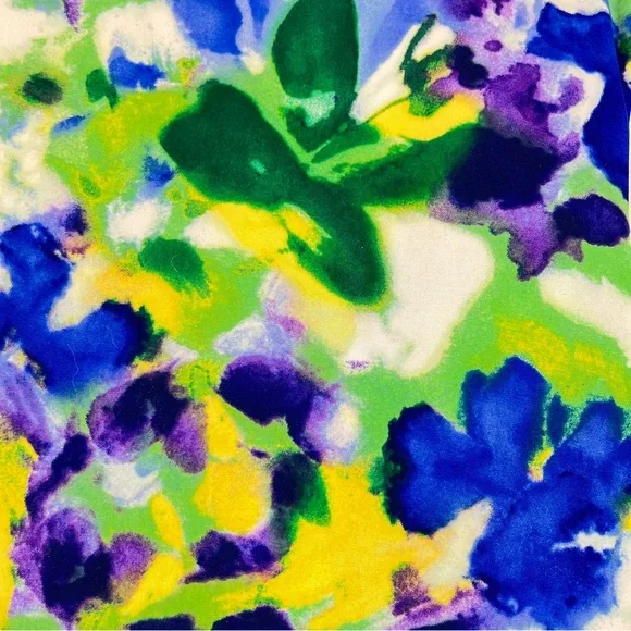 Ralph Lauren Dress Floral Watercolor Green Blue Yellow Ruching Stretch Sz 10 - Picture 3 of 9